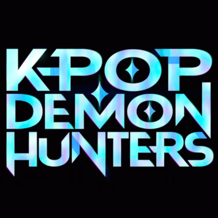 Kpop Demon Hunters text logo in gradient blue with geometric star symbols on black background