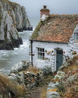 Small white cottage with weathered roof on coastal cliff overlooking turbulent sea and rocky outcrop