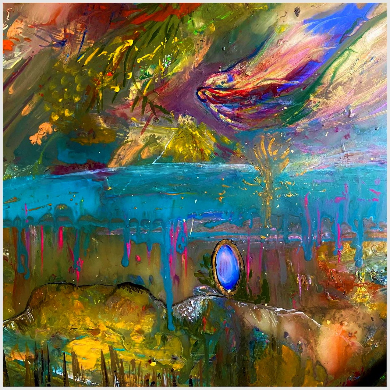Abstract painting with vivid colors showing underwater scene with swirling brushstrokes and rich textures