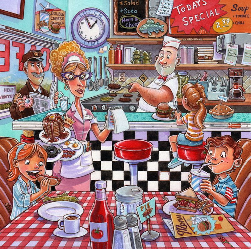 Colorful cartoon cafe interior with a waitress, chef, customers, cakes, and coffee at tables