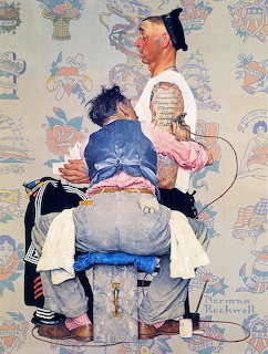 Norman Rockwell illustration of a tattoo artist tatooing a sailor's arm in a tattoo parlor