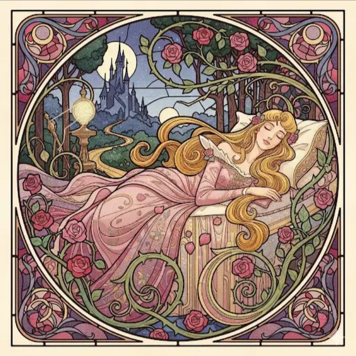 Art nouveau princess sleeping among roses with a distant castle