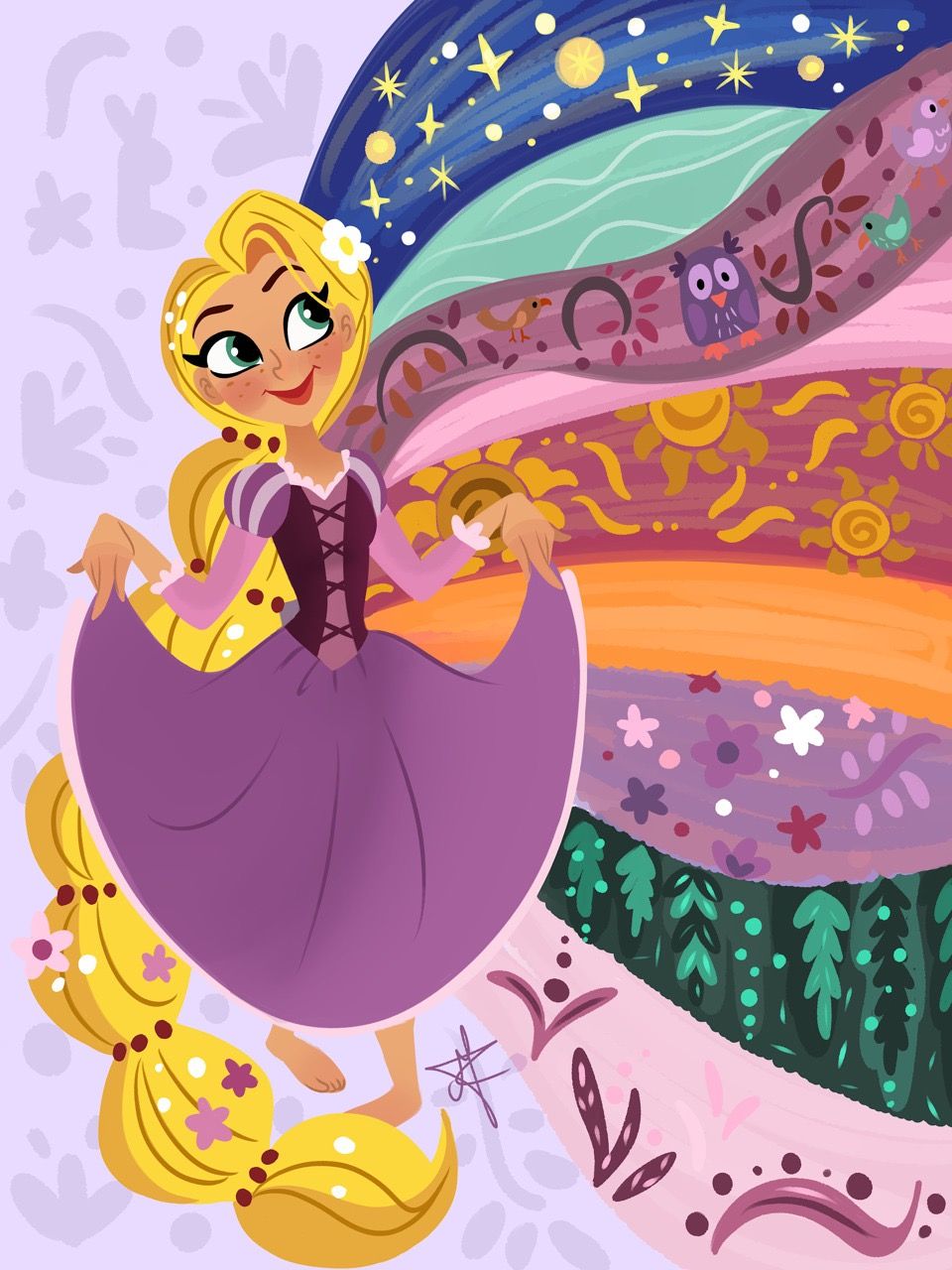 Illustrated Rapunzel from Tangled in a purple dress with long decorative blonde hair and colorful swirling patterns