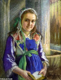 Portrait painting of young girl in blue Breton dress with green scarf seated by window