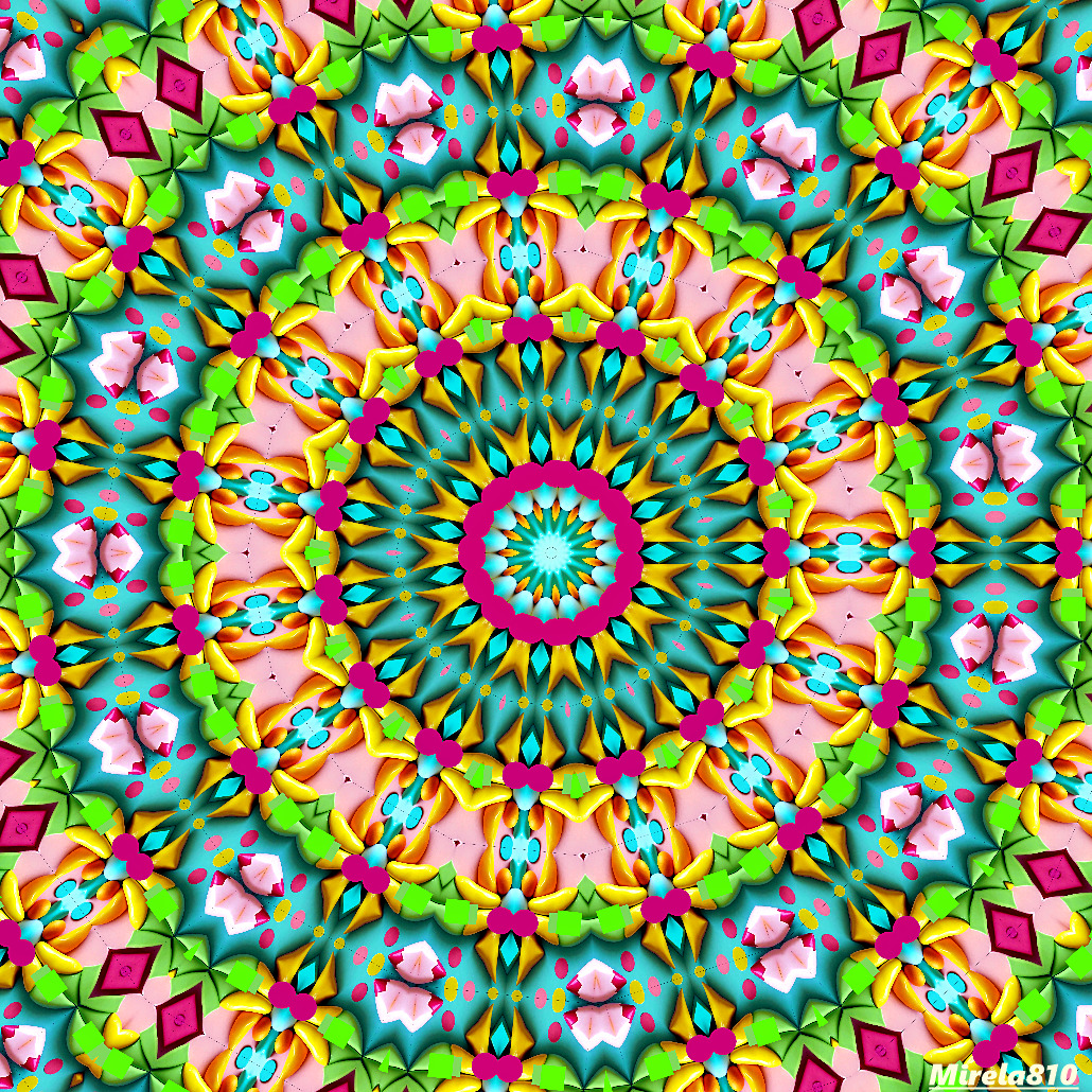Symmetrical mandala with colorful floral patterns radiating from center in green, blue, pink, yellow, and orange