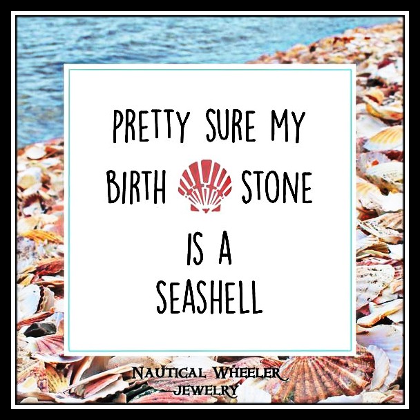 Text graphic about a seashell birthstone with a seashell icon, bordered by shells and water