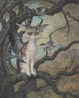 Illustration of a cat with antlers perched on twisted dark tree branches against a pale sky
