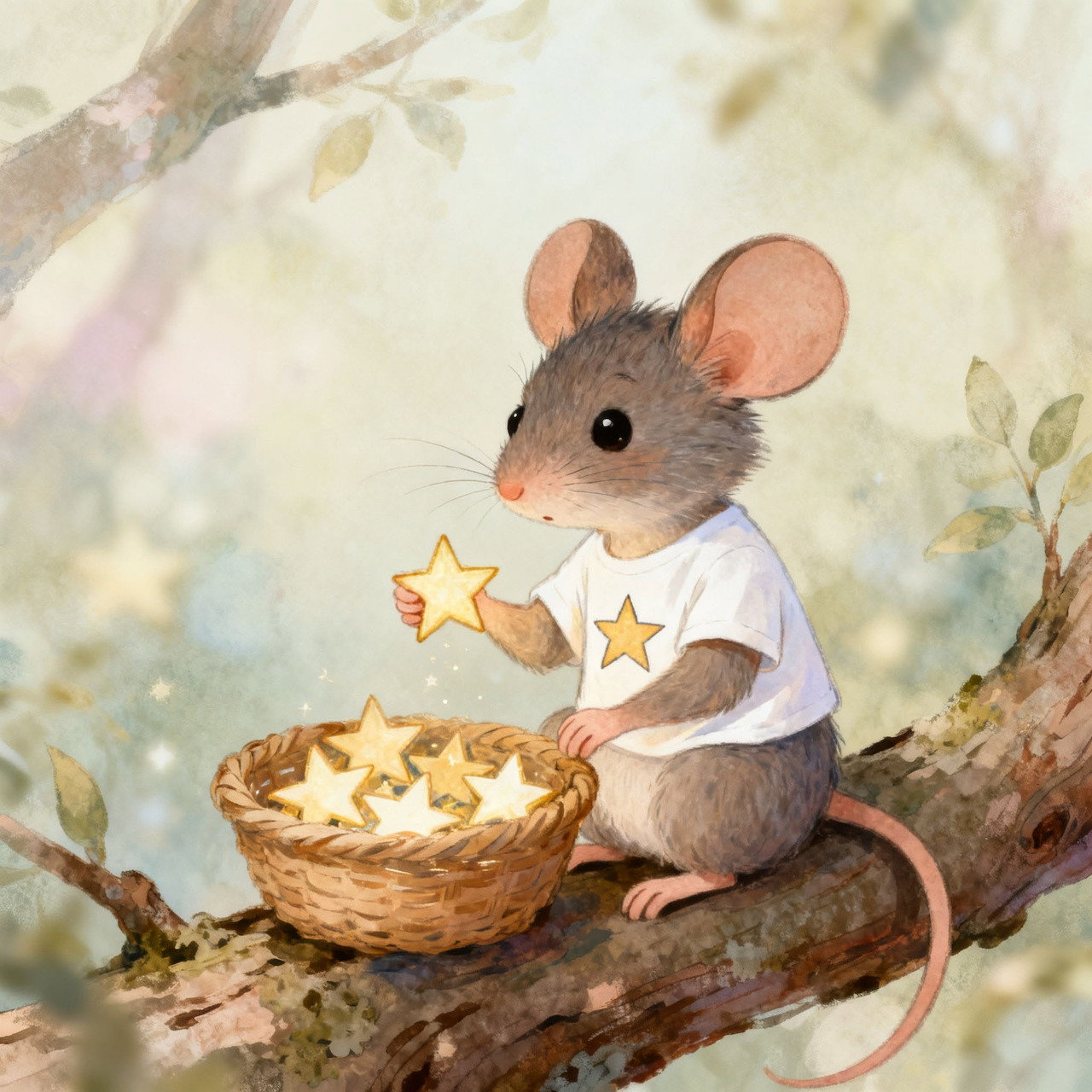 Cute mouse on tree branch holding star cookie with basket of cookies in watercolor style
