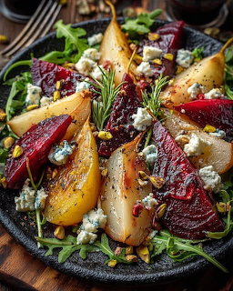 Roasted beet and pear salad with blue cheese, greens, and rosemary on a black plate
