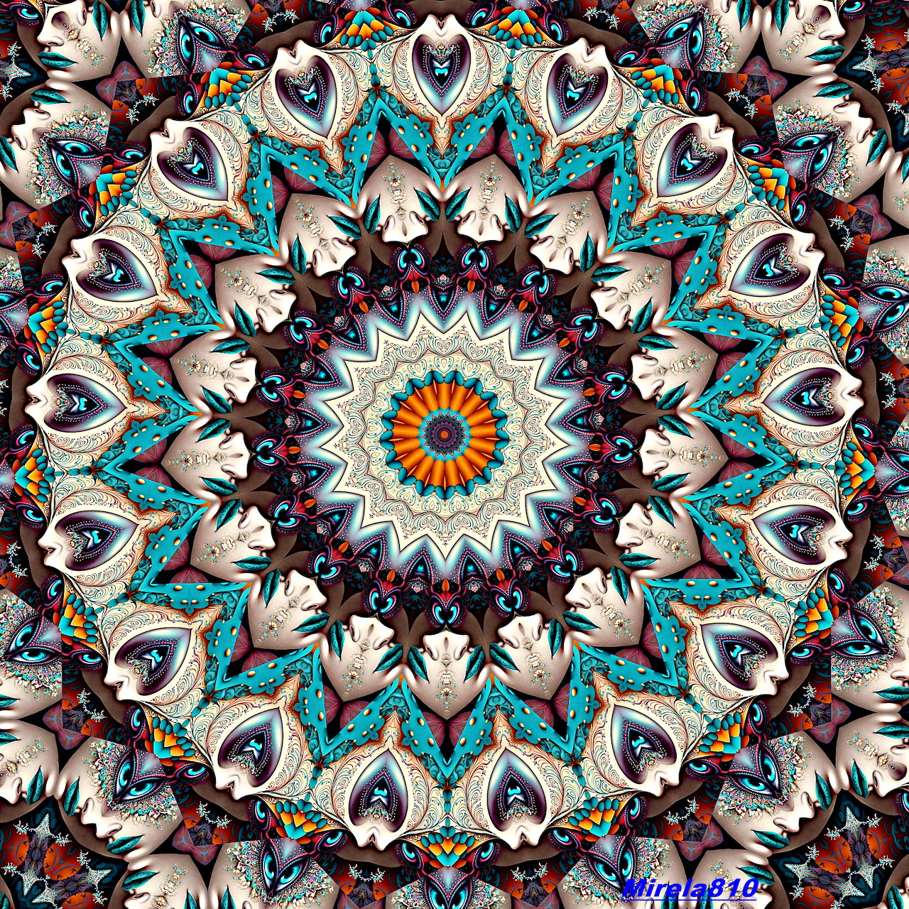 Colorful symmetrical mandala with floral and geometric patterns in turquoise, orange, and burgundy tones