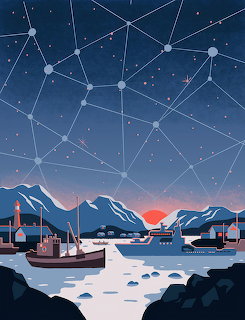 Illustration of boats in a harbor at night with mountains, a red sunset, and constellation lines in the sky