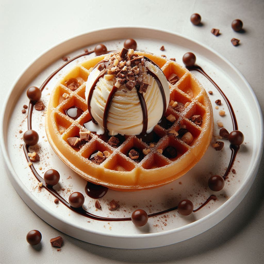 Waffle dessert with ice cream scoop, chocolate drizzle, and chocolate chips on white plate