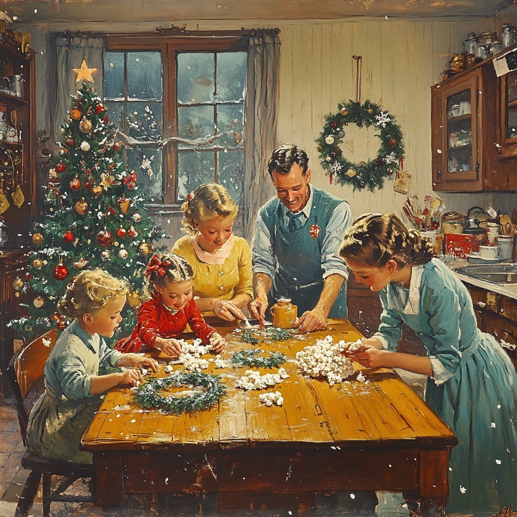 Painting of a family making Christmas wreaths at a wooden table with a Christmas tree and wreath on the wall