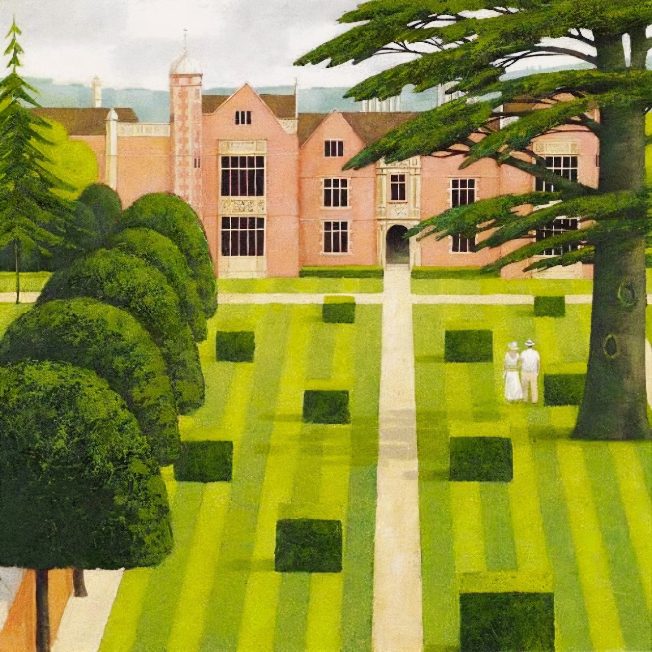 Illustrated manor house with formal gardens, topiary trees, and striped lawn patterns