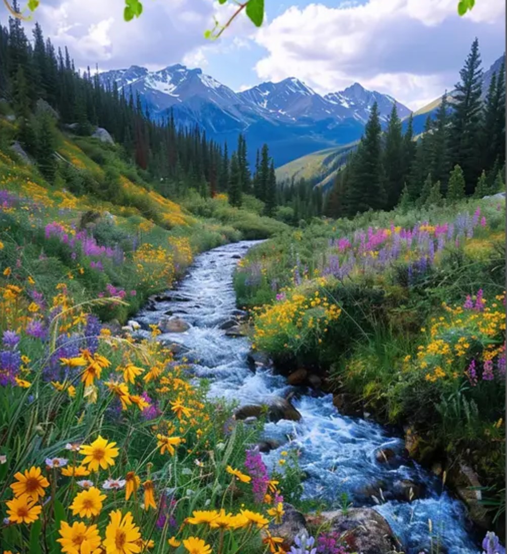 Creek flowing through colorful wildflower meadow with mountains and forest in background