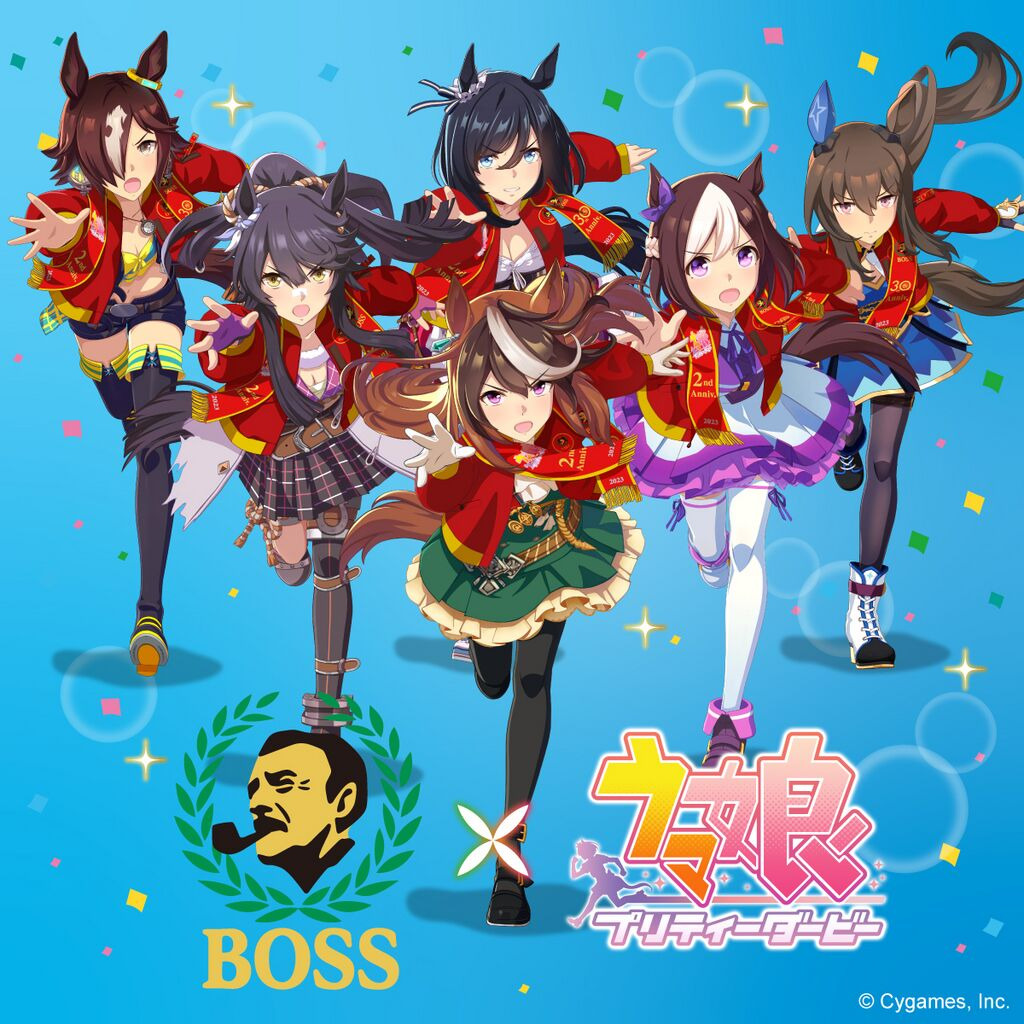 Six Umamusume anime horse girls posing on a blue background with Boss Coffee and series logos