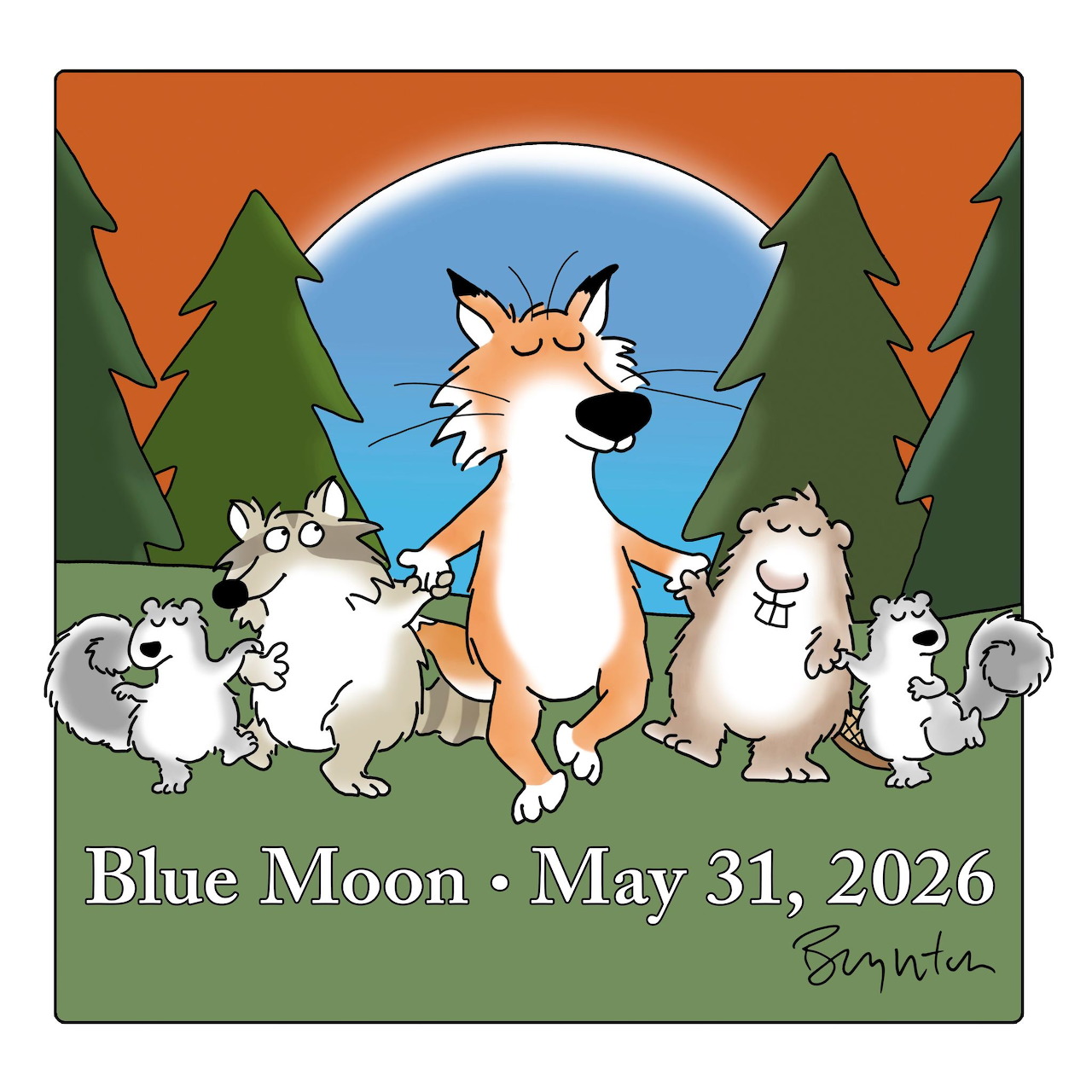 Cartoon fox and small animals under a blue moon in a forest with Blue Moon and May 31, 2026 text