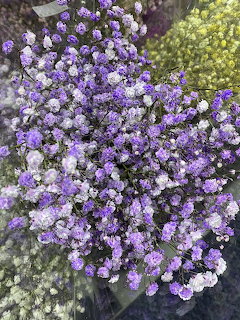 Dense cluster of purple and white baby's breath flowers with yellow flowers in the background