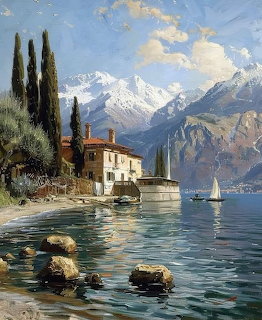 Painting of a lakeside villa with cypress trees, sailboats, and snowy mountains