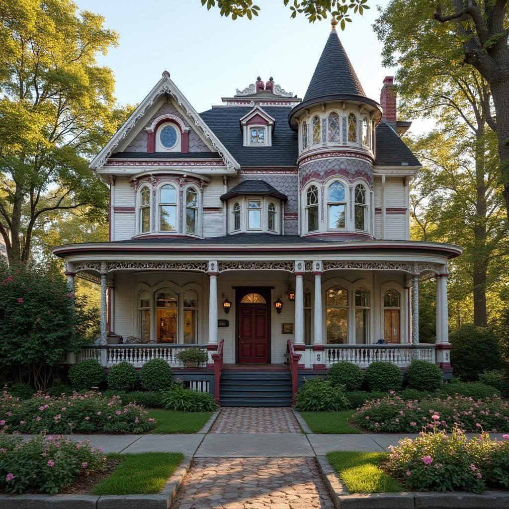 Victorian mansion with turret, decorative trim, wraparound porch, and landscaped front garden surrounded by trees