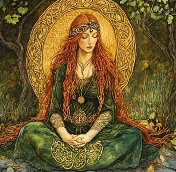 Red-haired woman in green gown meditating with Celtic designs and golden halo in forest