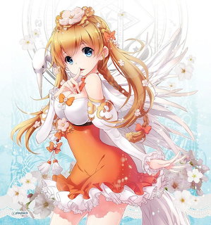 Anime girl with blonde hair in orange skirt surrounded by cherry blossoms and flowers