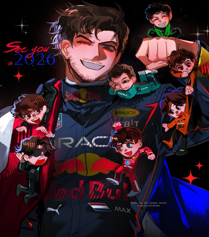 Anime fan art of Max Verstappen in Red Bull Racing suit with chibi versions and 'See you in 2026' text