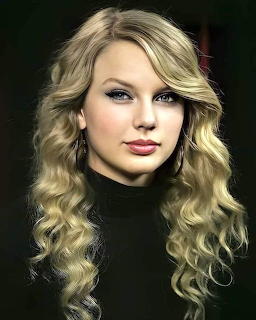 Portrait of Taylor Swift with curly blonde hair, green eyes, and a black top against a dark background