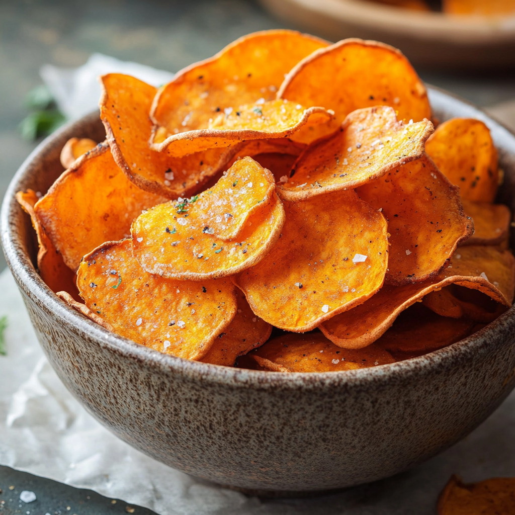 Bowl of crispy orange sweet potato chips seasoned with salt in a gray ceramic bowl