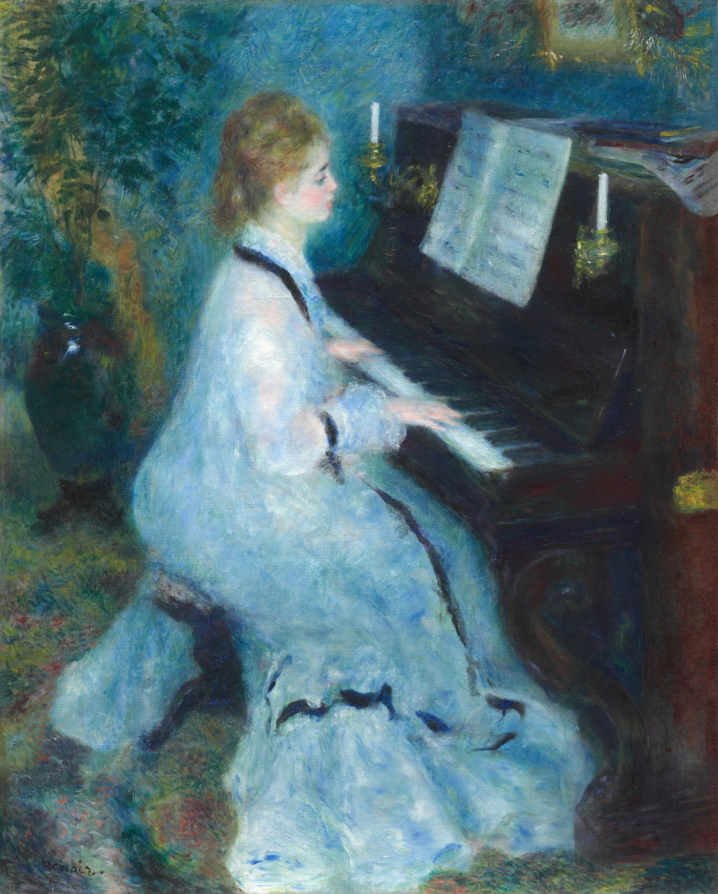 Impressionist painting showing a woman in white dress seated at piano in soft blue and green tones