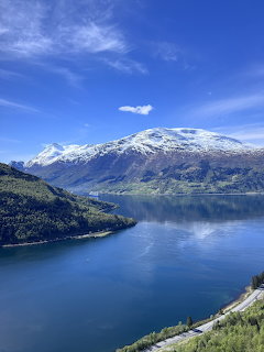 Norwegian fjord with snow-capped mountains, calm blue water, and green hillsides under a blue sky