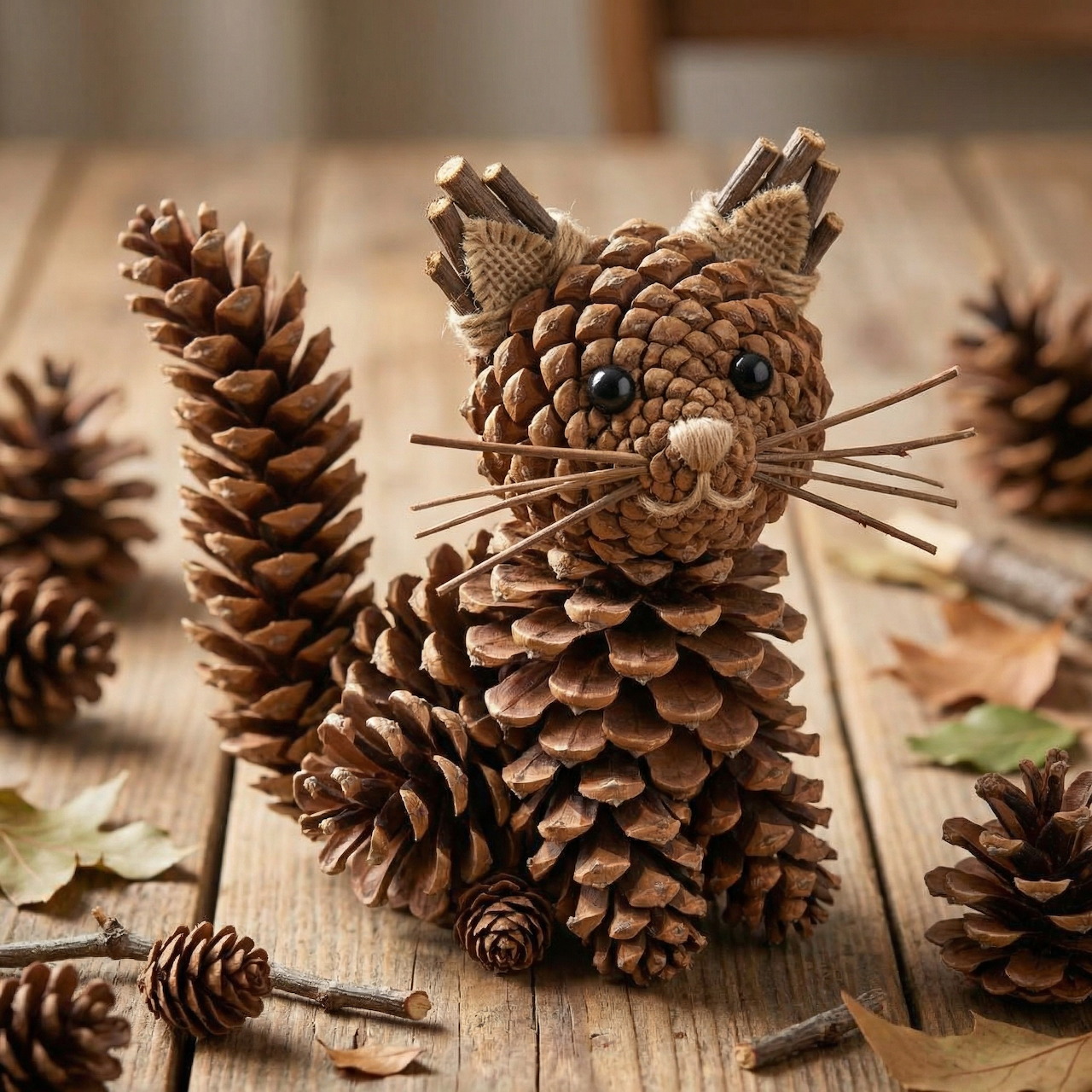 Handmade cat sculpture constructed from brown pinecones with whiskers, surrounded by loose pinecones on wood surface