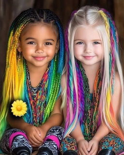 Two young girls with long rainbow-colored braided hair sitting side by side