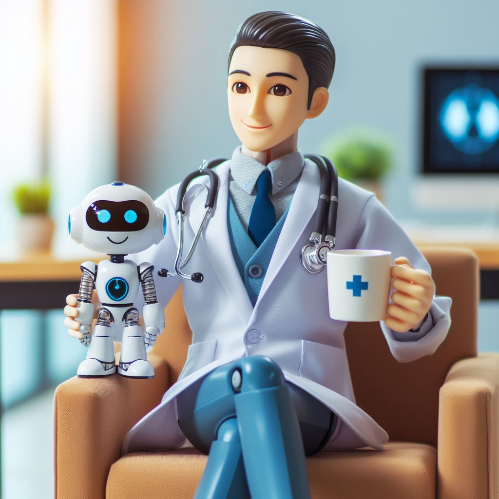 Stylized doctor in a white coat sitting with a small robot and holding a mug indoors