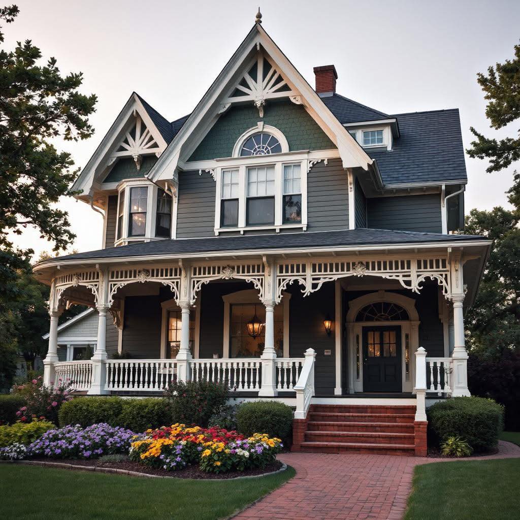 Victorian house with gray siding, white trim, wraparound porch, ornate gables, red brick walkway and flower garden