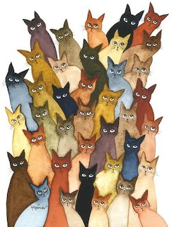 Watercolor illustration of many colorful cats packed closely together with varied expressions
