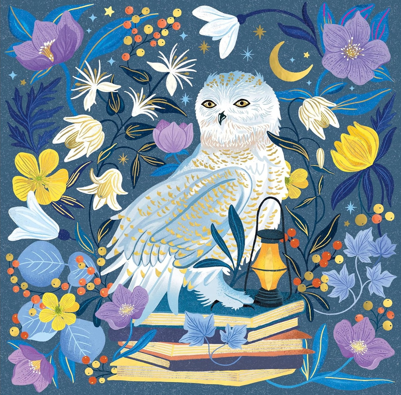 White owl with flowers, books, lantern and moon on dark blue background