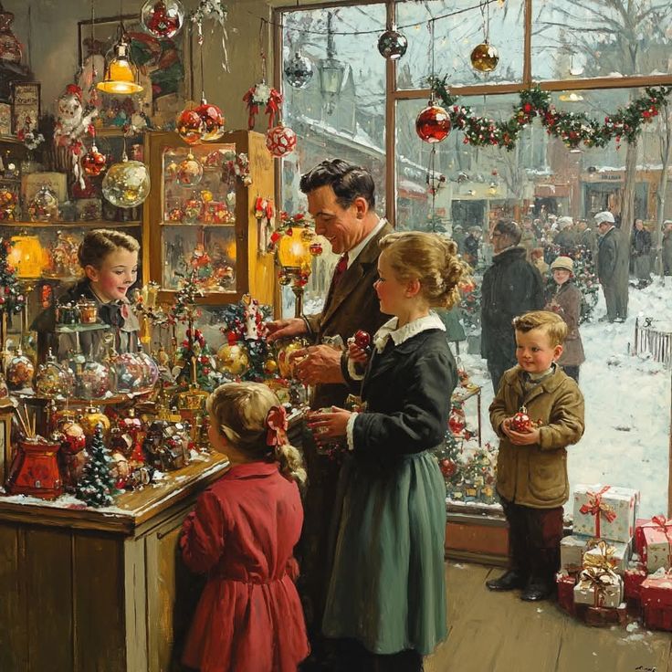 Victorian family looking at Christmas ornaments in decorated shop window with snow outside