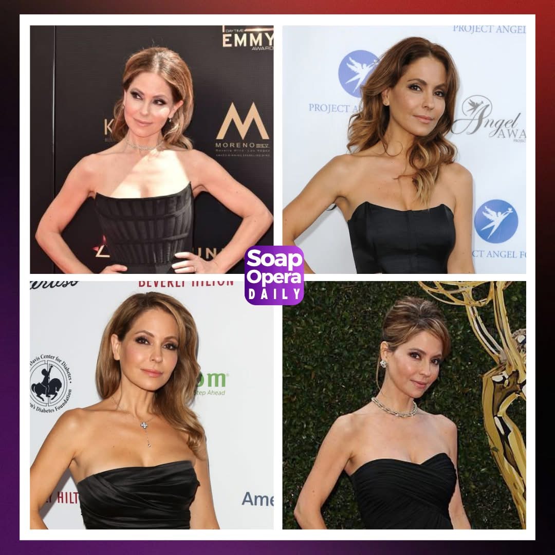 Four-photo collage of a woman in a black strapless dress posing at red carpet events