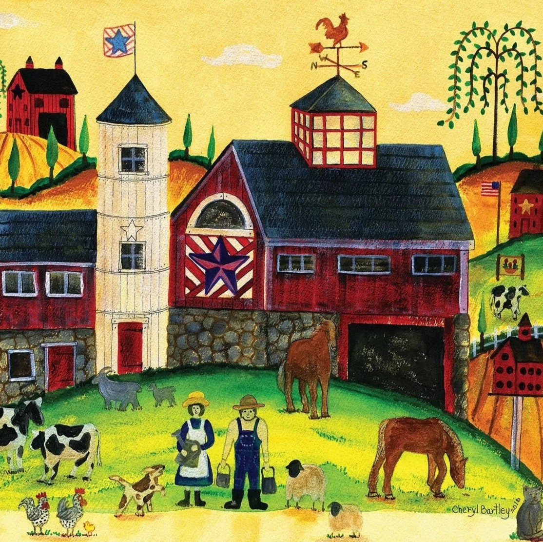 Folk art painting showing red barn, white silo, farm animals, and people on green field with yellow sky