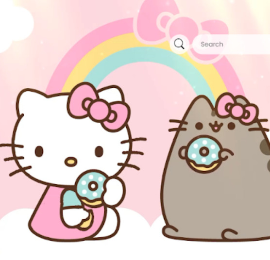 Hello Kitty and Pusheen holding donuts under a pastel rainbow