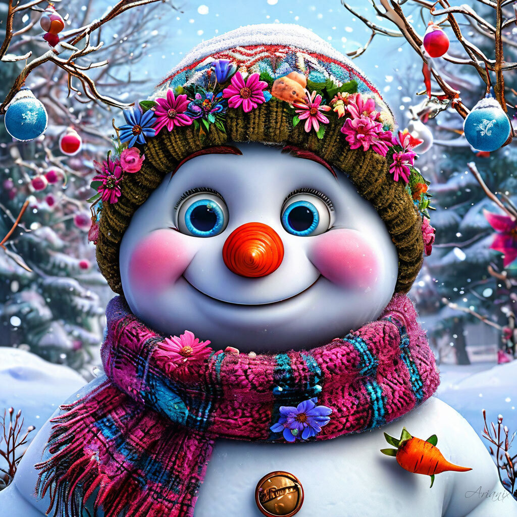 Cheerful snowman with bright blue eyes, orange carrot nose, colorful knit hat and scarf in snowy winter forest