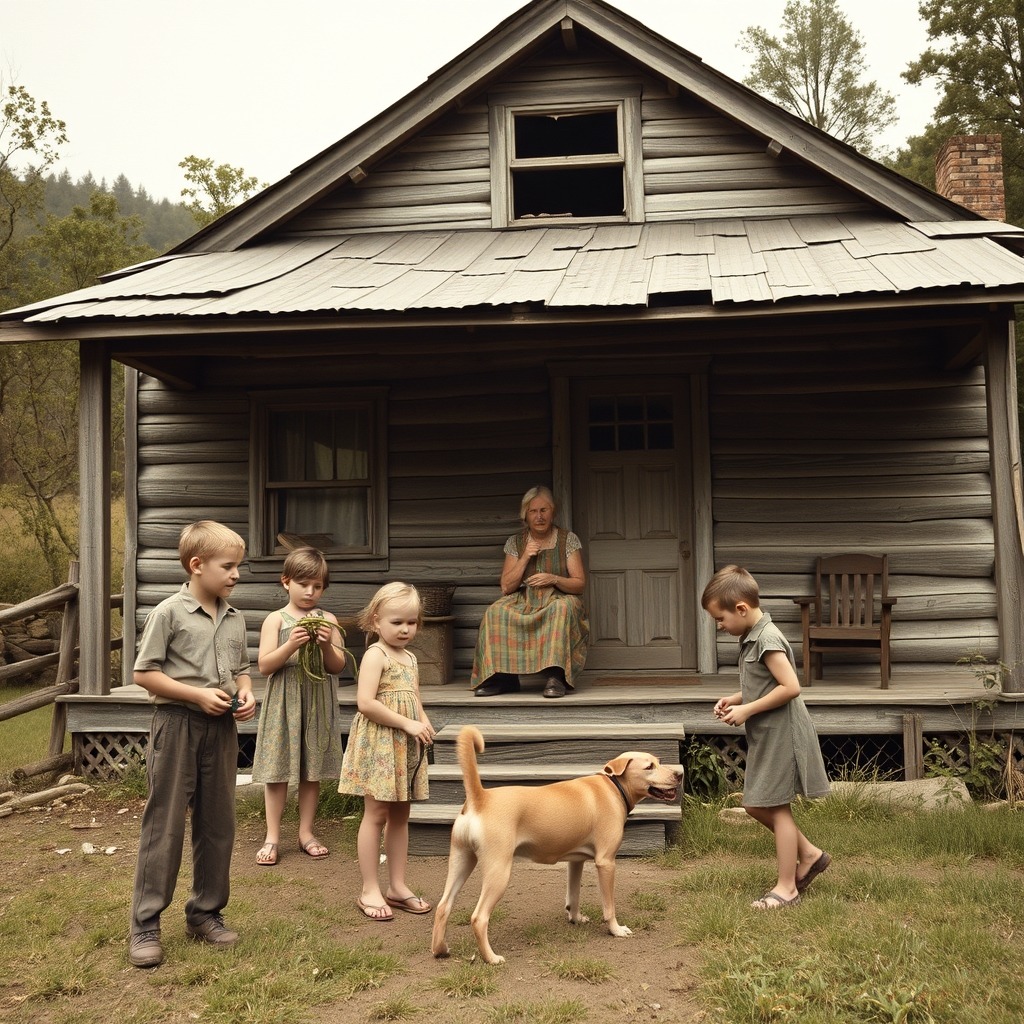 Five children and a dog pose in front of an old wooden house in the countryside
