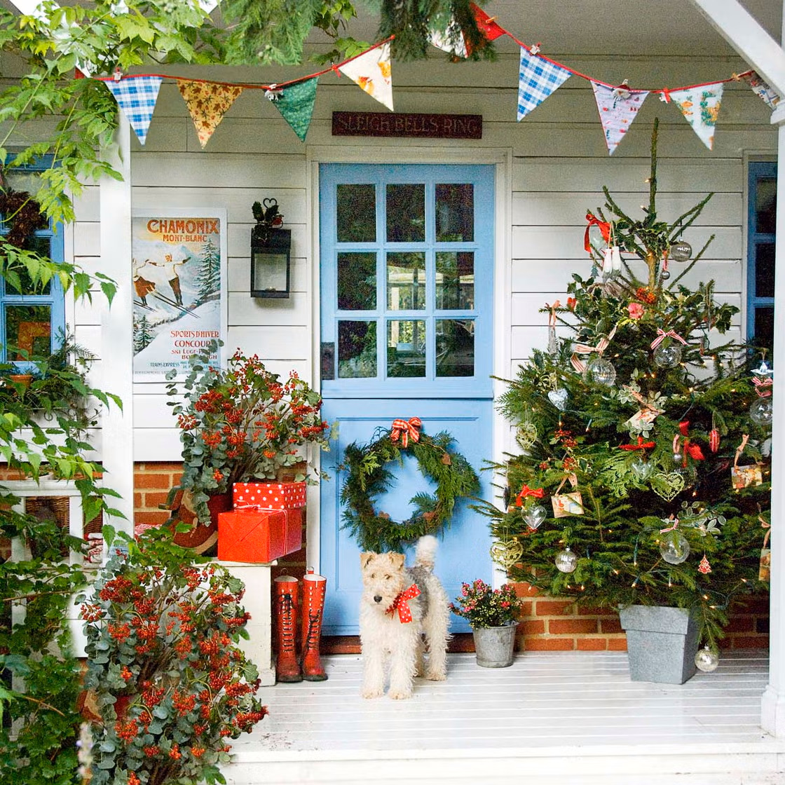 Fluffy dog on decorated Christmas porch with trees, wreath, and colorful bunting
