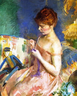 Impressionist painting of woman in pink dress working on small doll figure with colorful background