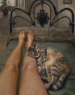 Painting of a sleeping cat curled up in a cozy interior