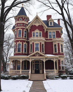 Red Victorian mansion with turret and white trim in snowy winter setting