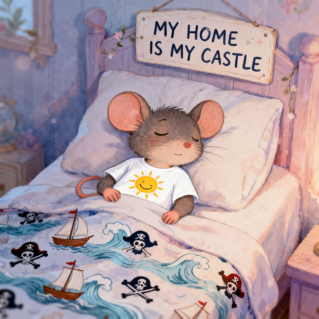 Illustrated mouse sleeping in bed under a pirate-themed blanket