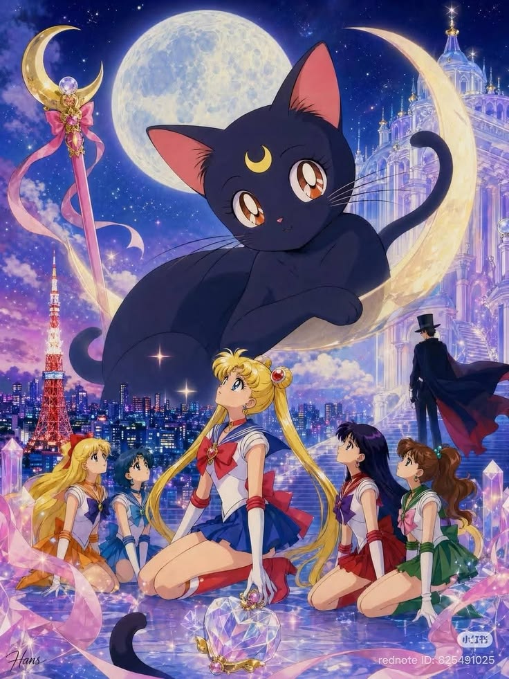 Sailor Moon and friends with large black cat Luna in front of full moon over sparkling city