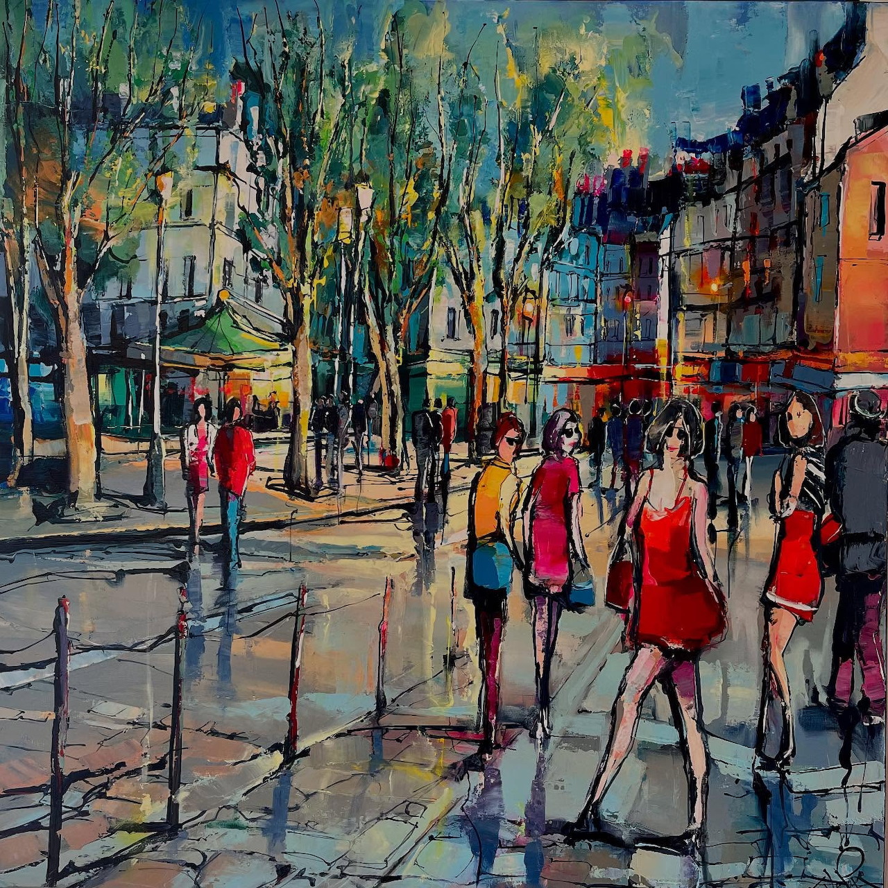 Impressionist painting showing people walking on a city street with trees and colorful buildings under a blue sky